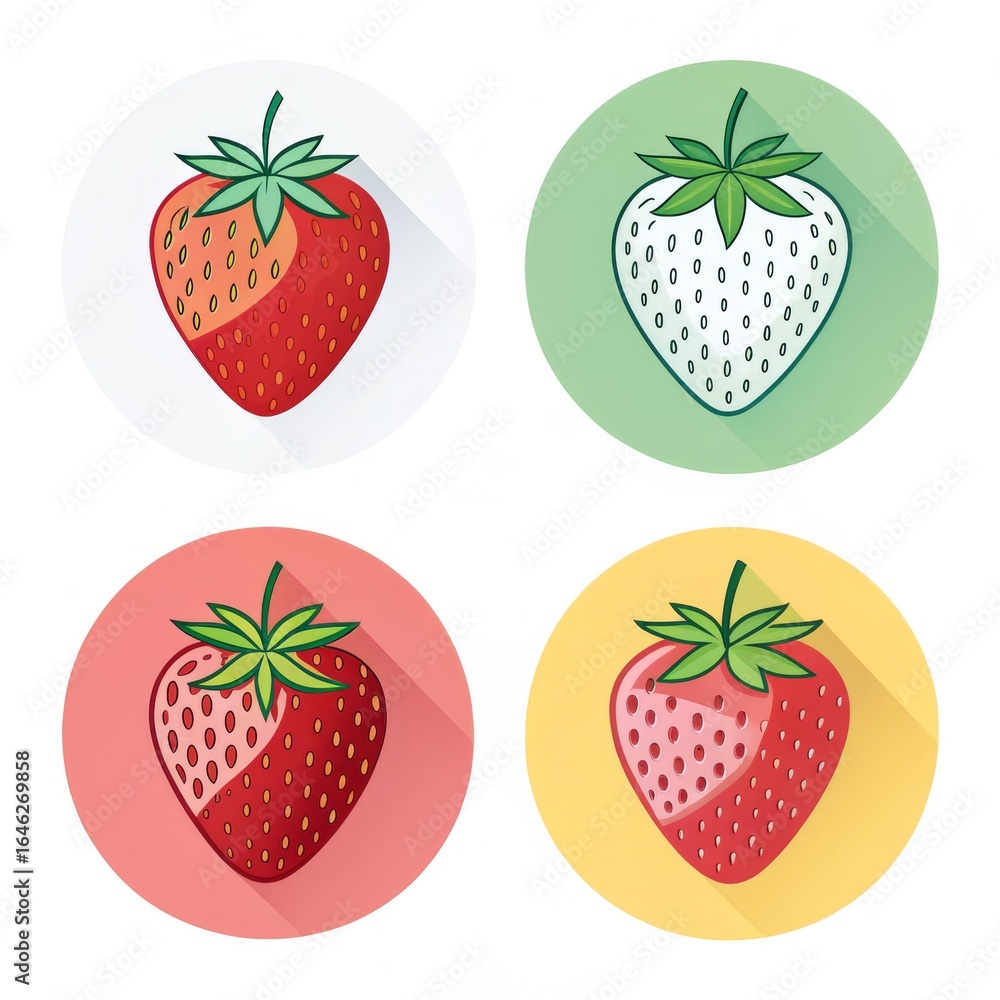 Poster four strawberry icons on circles with different colors and styles in a square arrangement