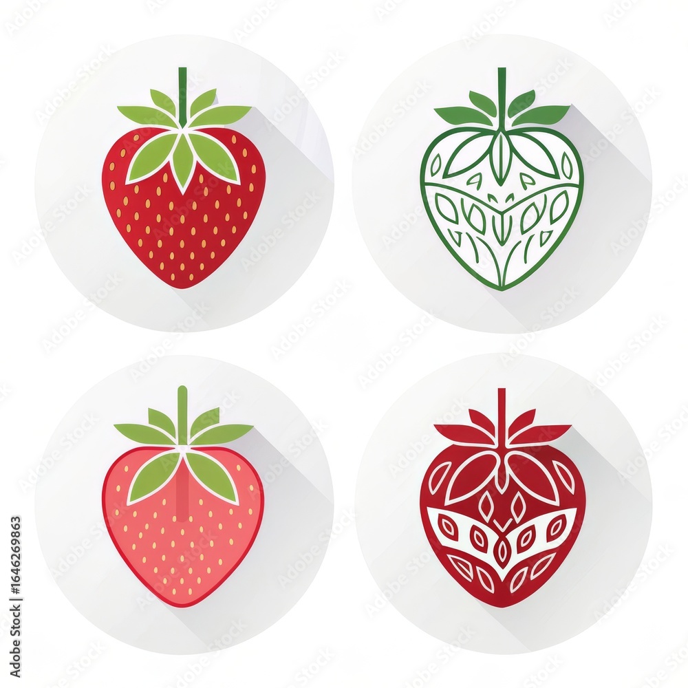 Poster four strawberry icons in different styles on white circular backgrounds with long shadows behind the