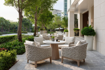 Fototapeta premium modern stylish outdoor caf designed for tranquil morning coffee experience