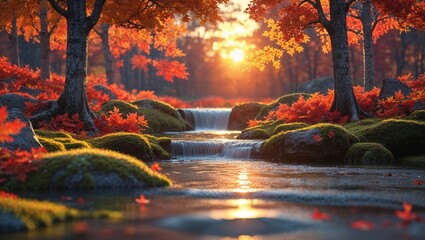 Serene autumn forest with cascading stream and vibrant red foliage at sunset