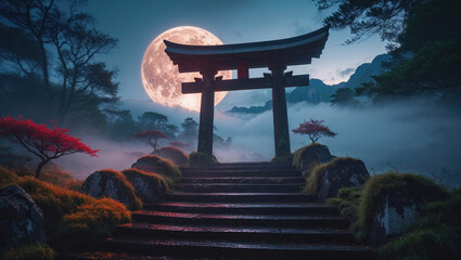 Traditional Japanese torii gate on stone steps with full moon and misty forest in the background at night