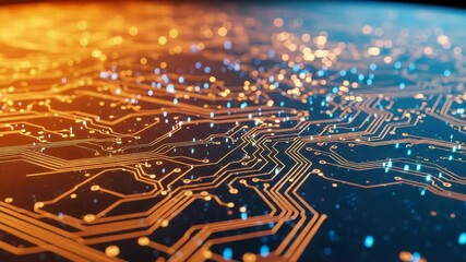 An intricate closeup view of a glowing electronic circuit board, with vibrant orange and blue lights illuminating the complex pathways and connections, symbolizing advanced technology and data flow - Powered by Adobe