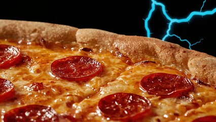 Close-up of pepperoni pizza with melted cheese and crispy crust, lightning effect in the background
