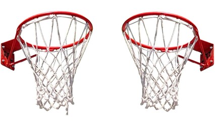 Photo of two traditional basketball hoops, isolated on white background.