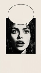 Black and white pop art style portrait of a surprised woman with a speech bubble and blank copy-space