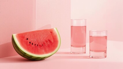 Fresh watermelon slice and two glasses of pink juice on a pastel pink background