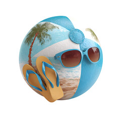 A whimsical beach ball adorned with a tropical island scene featuring a palm tree and flip flops with sunglasses resting on top isolated on transparent background