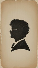 Vintage silhouette of a man with glasses and curly hair on aged textured background