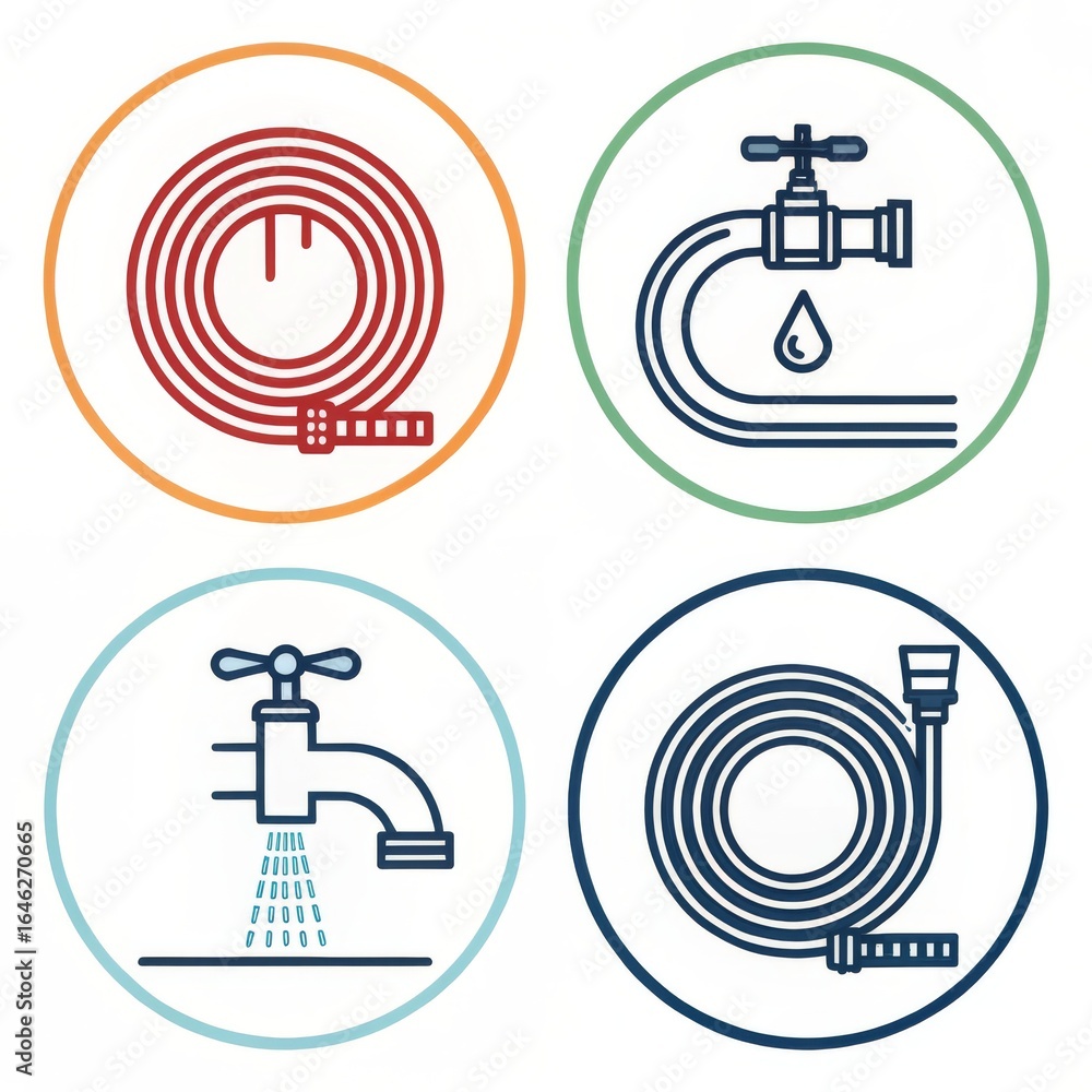 Poster four circular icons depicting water related elements like hoses and faucets in a simple line art sty