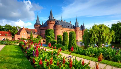 Stickers Tuin Medieval castle with vibrant gardens  © Lailatul