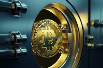 Golden bitcoin secured in a safe illustrating digital currency's importance and security