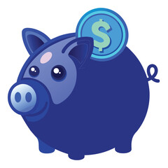A savings icon featuring a dark blue piggy bank with a light blue dollar sign on its side. on white background 