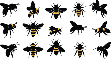 Striped bee silhouettes, black and yellow insects, diverse poses, wing positions, anatomy variations, vector grid, educational entomology design