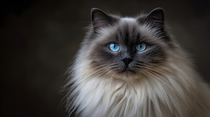 Close-up portrait of a Ragdoll cat with striking blue eyes.