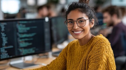Confident young woman programmer smiling, working with code on computer screen in modern office