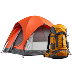 Bright orange camping tent and yellow hiking backpack ready for outdoor adventure isolated on transparent background