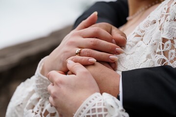 Intimate Wedding Rings Exchange, Hands Joined in Love, Golden Bands on Bride and Groom, Lace Dress,...