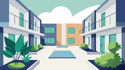 Minimalist Apartment Complex Courtyard Greenery Residential Living Design