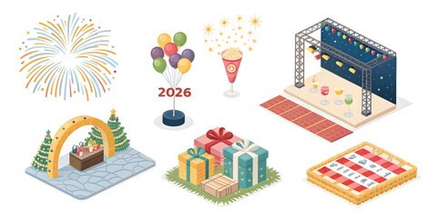 New Year 2026 celebration elements including fireworks balloons gifts stage and popcorn