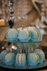 Turquoise Macarons Displayed on Elegant Tiered Stand, Wedding Dessert Table, Silver Accents, Luxury...