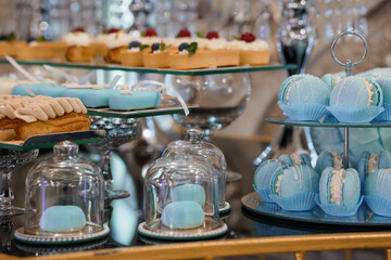 Luxurious Blue Pastel Dessert Buffet Display Featuring Macarons, Cakes, and Pastries in Elegant...
