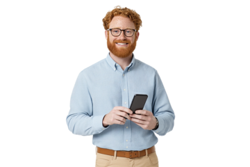 Redhead Uses Phone. PNG and Transparent Background for Design.