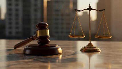 Gavel and balance scales symbolizing law and justice on marble surface