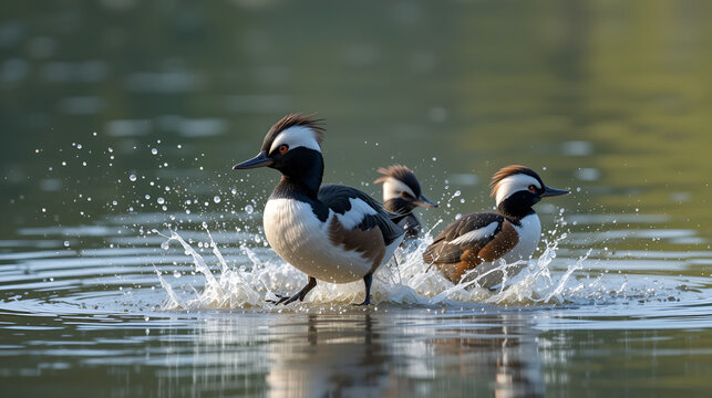 Hooded Merganser family scurries away from a threat
