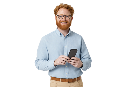 Redhead Uses Phone. PNG and Transparent Background for Design. - Powered by Adobe
