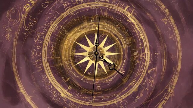 An antique wall clock with golden hands is mounted on a circular patterned background to represent the passage of time.