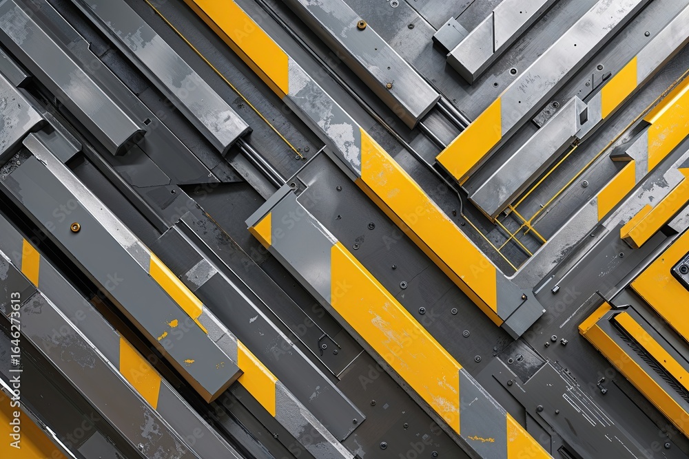 Poster dynamic industrial background featuring rhythmic patterns in metallic grays and vibrant yellows for 