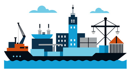 Naklejka premium Minimalist Harbor View Cranes Ships City Urban Port Graphic Illustration