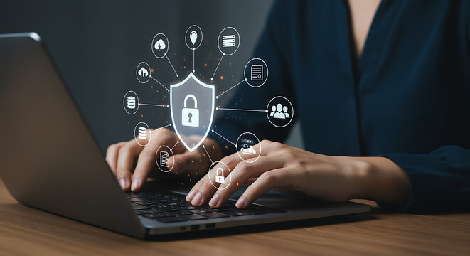 Woman typing on laptop with cybersecurity shield and padlock icon for data protection, internet security, and network safety in the digital world for business and privacy