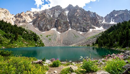 Obraz premium Mountain lake surrounded by wildflowers