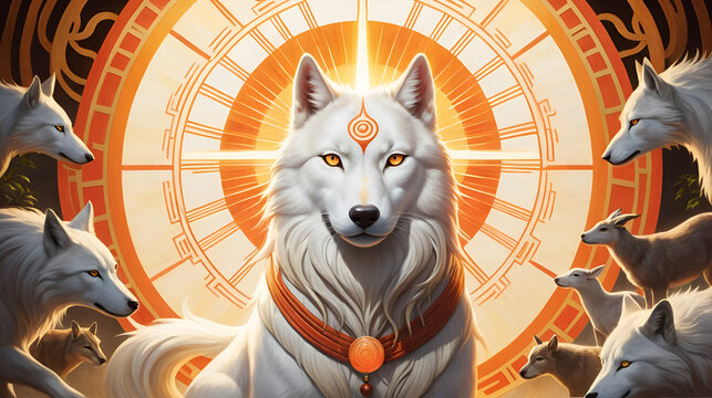 Majestic Amaterasu Portrait Surrounded by Divine Light and Animals.