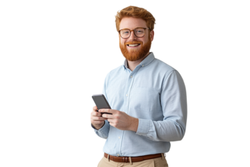 Redhead man smiles and holds phone with a PNG transparent background for product ads, app mockup or cutout illustration.