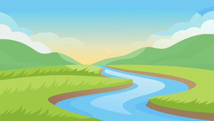 Obraz premium Flat Vector Calm River Through Grass Background Nature Graphic Illustration