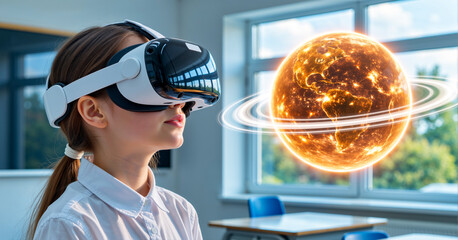 Young student with a VR headset learning about a planet in a classroom