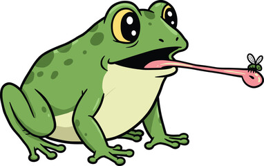 Cartoon frog catching fly, green skin, spotted body, long tongue, insect capture, expressive eyes, humorous nature scene, vector art