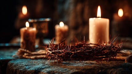 Sacred crown of thorns and lit candles evoke profound reflection and spiritual solemnity