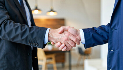 Two businessmen shaking hands in an office, finalizing a deal and making an agreement