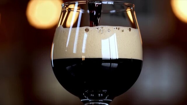 Tight macro of a round Belgian snifter as dark beer flows in, creating a smooth tan foam with tiny bubbles; soft amber bokeh behind. 4K MP4, no people.