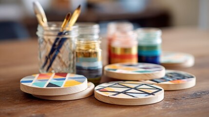 Colorful handmade coasters with geometric patterns are displayed on a wooden table alongside paint jars and brushes, showcasing the artist's creative process