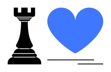 Black rook set beside blue heart suggesting balance of strategy and emotion. Ideal for teamwork, leadership, balance, decision-making, empathy, strategy, minimalistic design, simple landing page