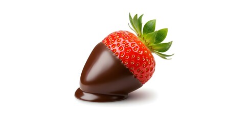 Fresh red strawberry half dipped in melted chocolate on isolated transparent background.