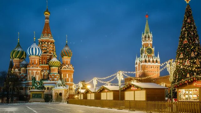 A festive winter scene unfolds in moscows red square, showcasing the iconic st basils cathedral and a beautifully decorated christmas tree amidst a bustling holiday market