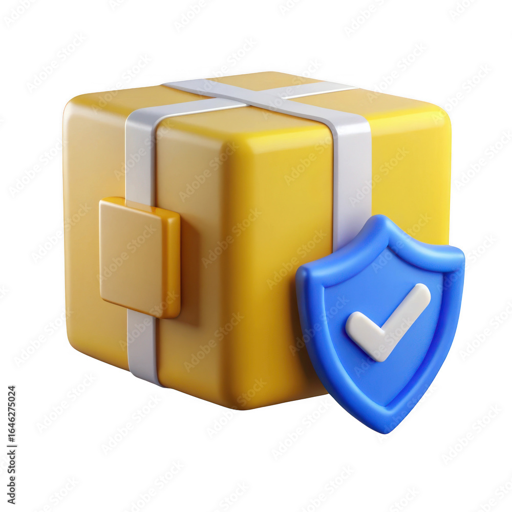 Poster 3d shipping box with security shield isolated on transparent background