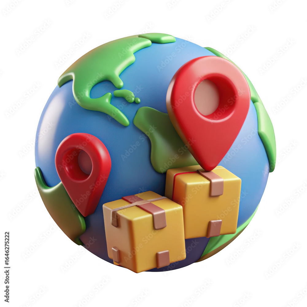 Poster 3d global delivery service with location pins and boxes isolated on transparent background