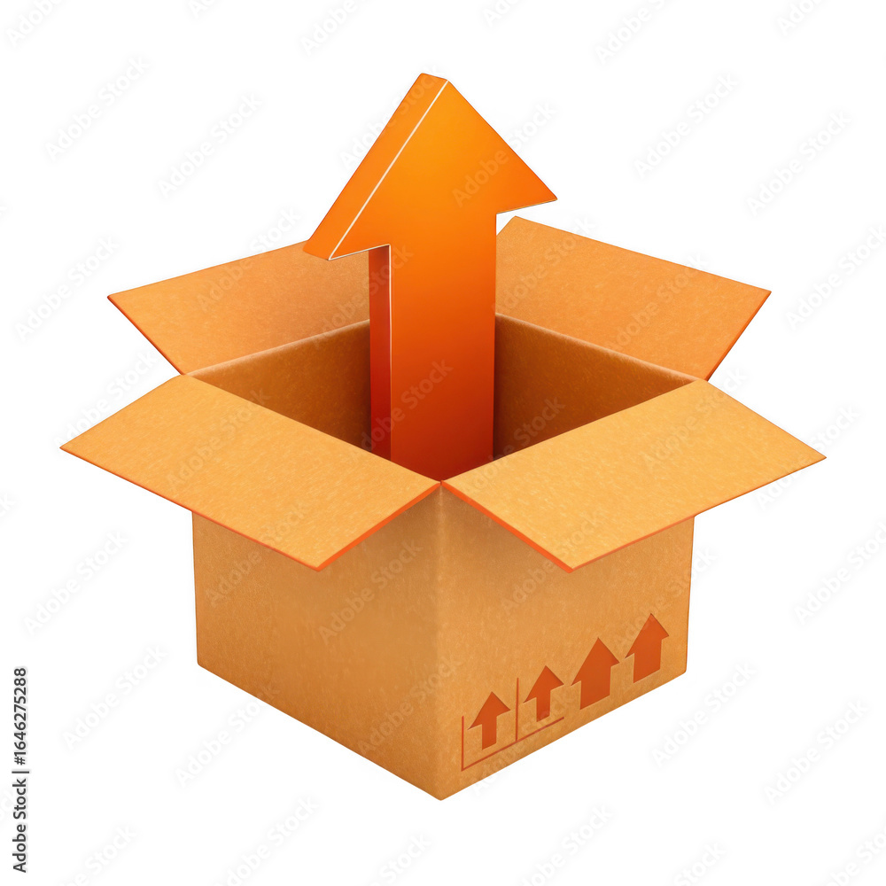 Poster 3d cardboard box with upward arrow isolated on transparent background