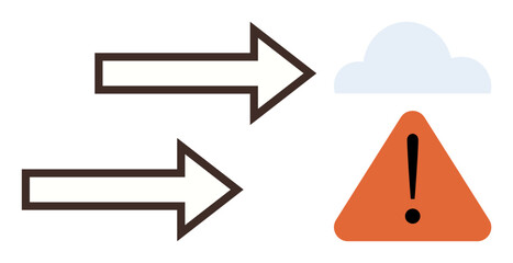 Two arrows pointing to a cloud and an orange warning triangle with exclamation mark. Ideal for data transfer, risk, caution, safety, warning system, error detection, cybersecurity. Simple flat